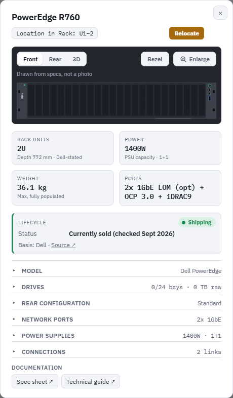 Details for a PowerEdge R760: front drawing, 2U, 772 mm deep, 1400 W, 36.1 kg, shipping status with source, and documentation links.